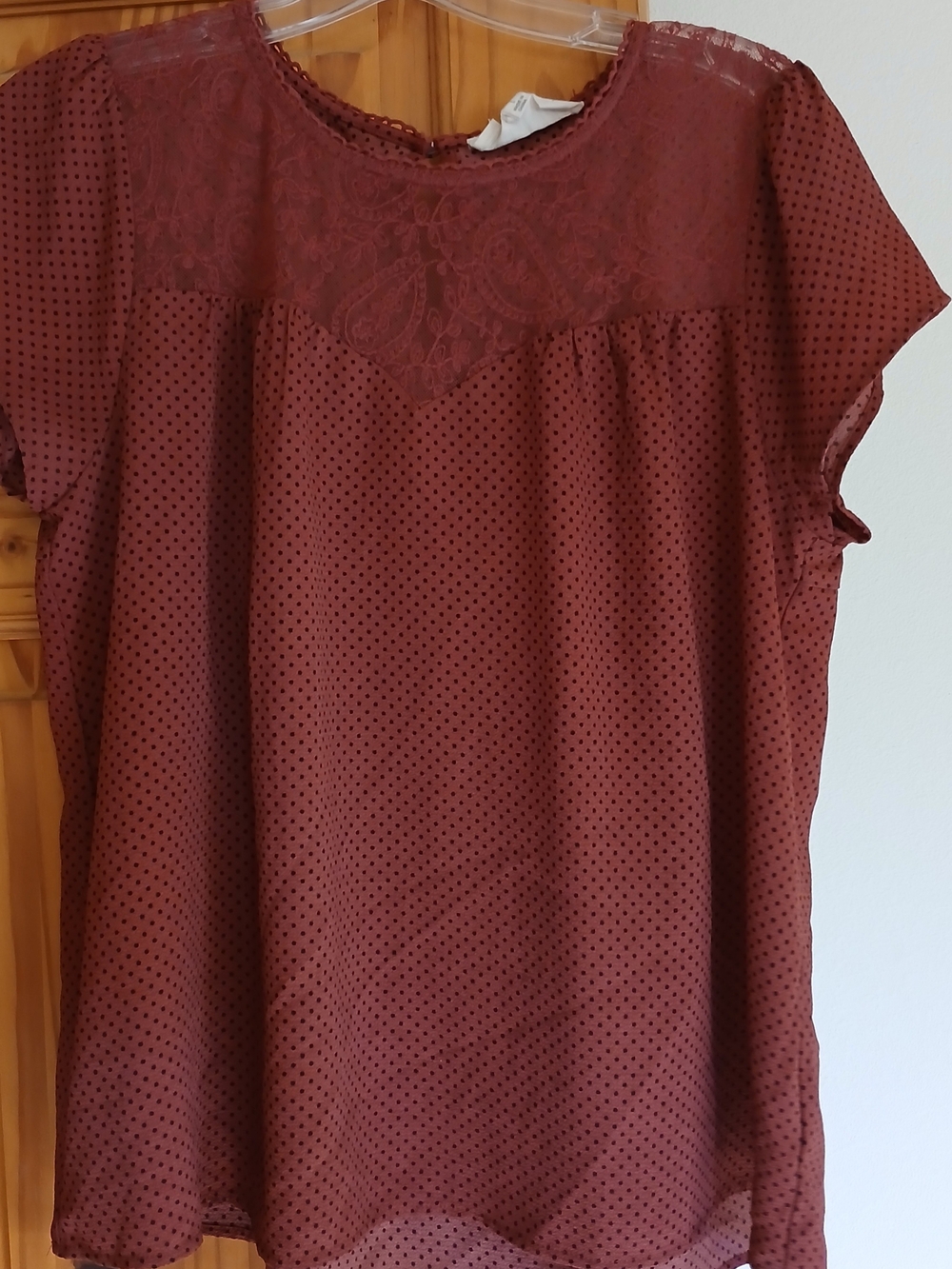 Sweet Wanderer Burgundy Lace Yoke Polka Dot Short Sleeve Top